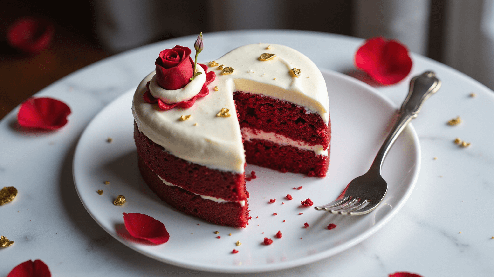 Photorealistic overhead shot of a 4-inch heart-shaped red velvet bento cake with white buttercream frosting, delicate red piping, and gold leaf accents on a white marble surface, styled with a fresh red rose, scattered rose petals, and a vintage silver cake fork, creating a romantic atmosphere with soft bokeh and detailed textures.