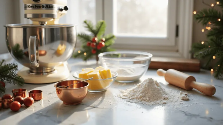 A close-up of baking ingredients on a marble counter with a mixer, cookie cutters, pine sprigs, and cranberries, creating a festive scene.