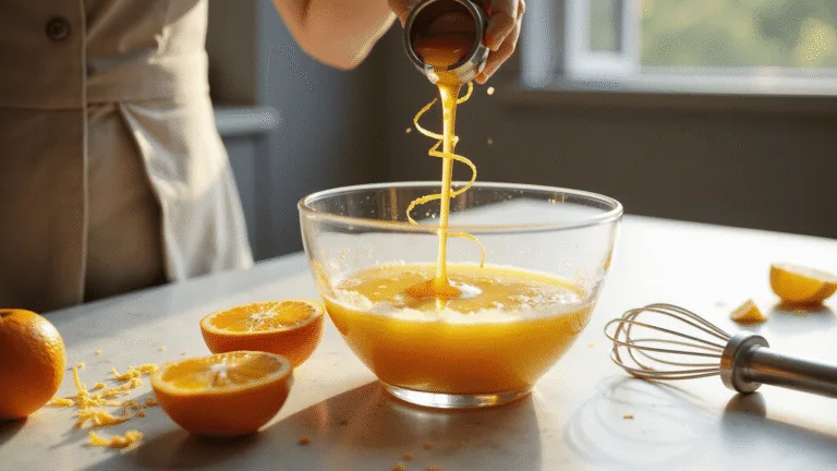 A clear glass mixing bowl filled with fresh-squeezed orange juice, golden honey drizzling in slow motion, and delicate lemon zest curls floating in the morning sunlight, set against a marble countertop with whole citrus fruits artfully arranged in a warm, hygge-inspired kitchen.
