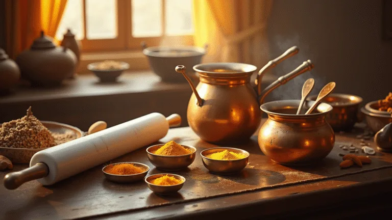 Warmly lit traditional Indian kitchen featuring vintage brass and copper utensils on a rich wooden countertop, with colorful spices and a simmering milk reduction, evoking a photorealistic and inviting atmosphere.