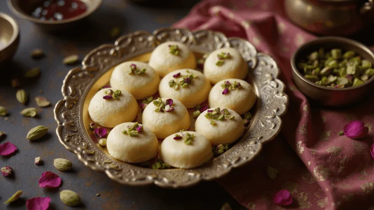 Cinematic overhead shot of ivory-colored Indian pedas with pistachio and rose petal garnishes on an ornate brass thali, featuring soft natural lighting and a warm, moody atmosphere.
