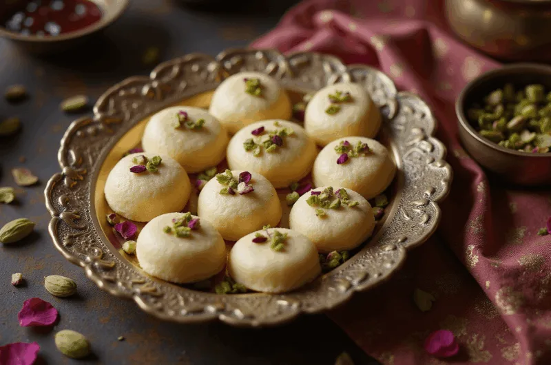 Cinematic overhead shot of ivory-colored Indian pedas with pistachio and rose petal garnishes on an ornate brass thali, featuring soft natural lighting and a warm, moody atmosphere.