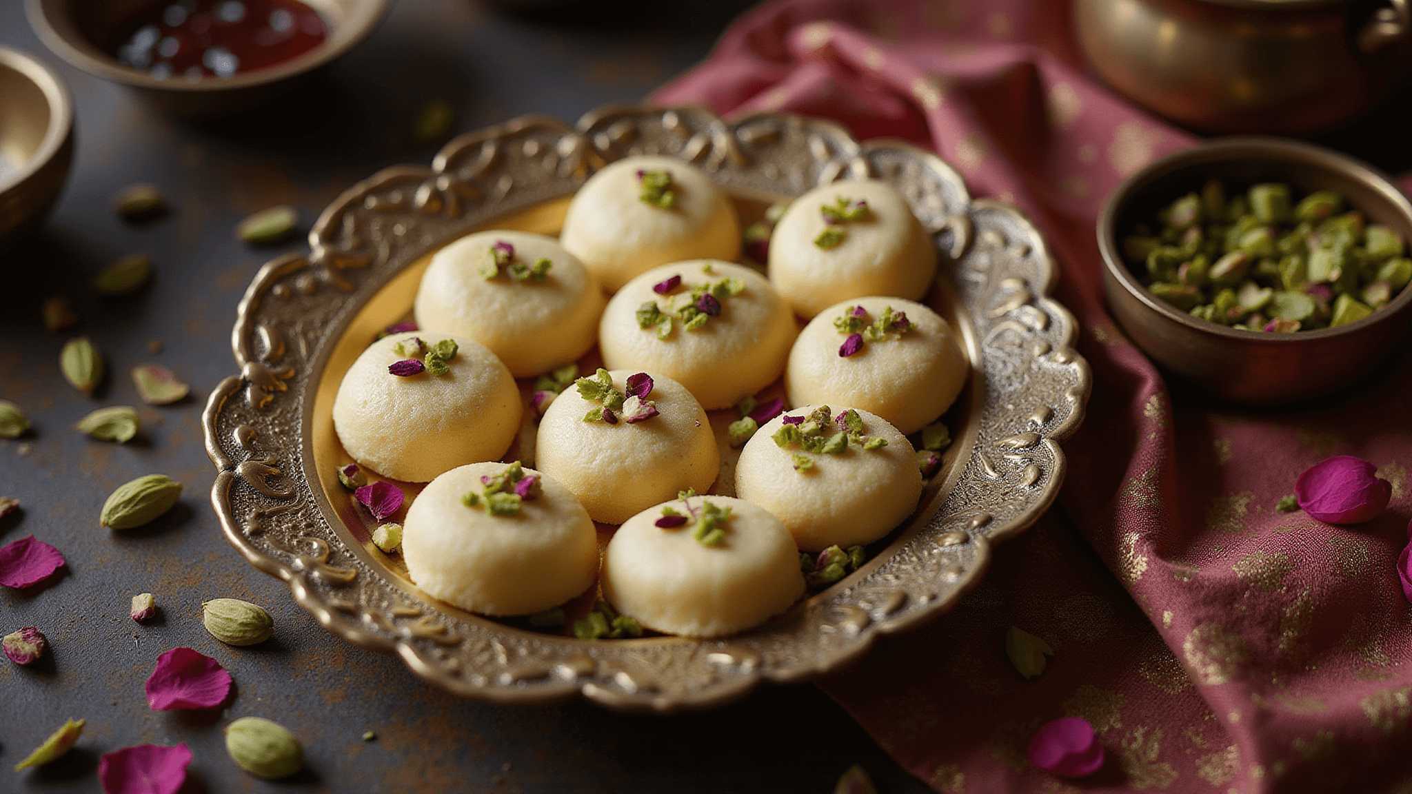 Cinematic overhead shot of ivory-colored Indian pedas with pistachio and rose petal garnishes on an ornate brass thali, featuring soft natural lighting and a warm, moody atmosphere.