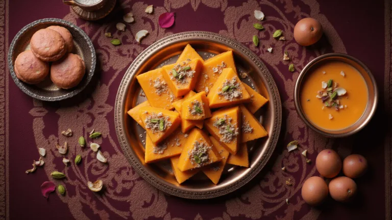 "Overhead shot of Indian sweets on a copper thali, highlighting diamond-shaped Kalakand with pistachios and silver varq, surrounded by Carrot Kheer and rose-tinted Gulkand Pedas, all set against a henna-pattern textile backdrop."