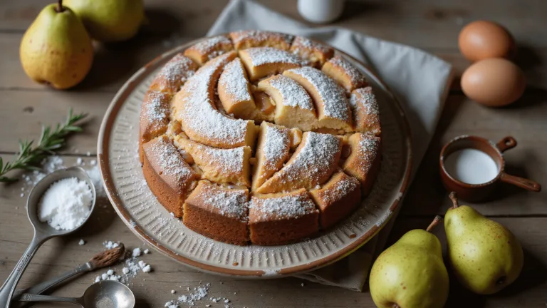Overhead view of an Italian Pear Cake on a rustic table with fresh pears and baking ingredients, highlighting the cake's golden crust and caramelized pears.