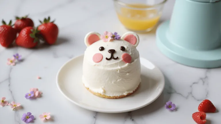 A kawaii bear-themed mini Bento Cake Lucu with white whipped cream and chocolate details, on a white ceramic plate with fresh strawberries and edible flowers, set on a white marble surface.