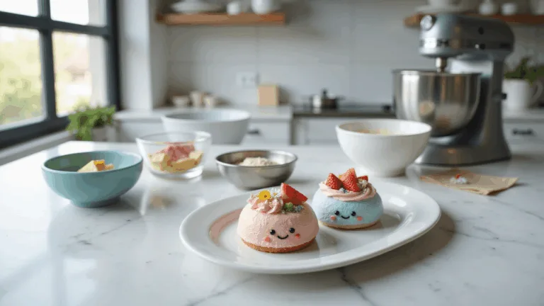 A professional kitchen scene featuring a marble countertop with mini bento cake preparation, including round cake pans, pastel mixing bowls, and a silver electric mixer. Ingredients like flour, sugar, butter, and eggs are neatly arranged in glass bowls beside a vintage kitchen scale. Finished kawaii bento cakes are displayed on a white ceramic plate, decorated with pastel buttercream and cute character faces, garnished with sprinkles, strawberries, and edible flowers. The setting is illuminated by natural light, highlighting the textures of the scene.