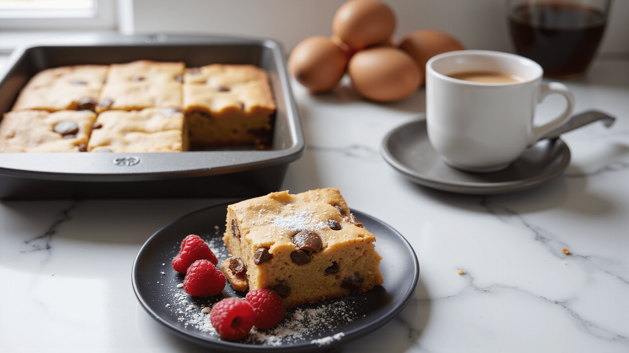 A stylish photograph of keto blondies with chocolate chips and pecans in a baking pan, with one piece on a plate garnished with powdered erythritol and raspberries, set on a clean marble counter with baking ingredients and a steaming cup of espresso nearby.