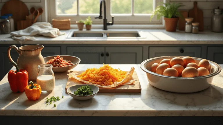 Overhead view of a rustic kitchen with morning sunlight, featuring farm-fresh eggs, ground sausage, grated cheddar, cream, diced bell peppers, and chives on a marble countertop, with a baking dish and antique kitchen tools, all styled for a keto breakfast casserole.