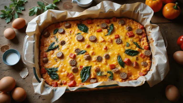 Overhead view of a golden-brown keto breakfast casserole in a glass dish with layers of cheese, sausage, bell peppers, and spinach, on a rustic wooden surface with whole eggs and cream pitcher nearby.