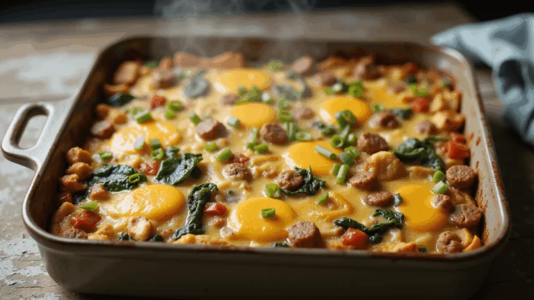 A close-up of a golden-brown breakfast casserole in a rustic ceramic dish, featuring fluffy eggs, melted cheddar cheese, browned sausage, diced red bell peppers, and wilted spinach, with steam rising in soft morning light. Garnished with green onions, set on a distressed wooden surface.