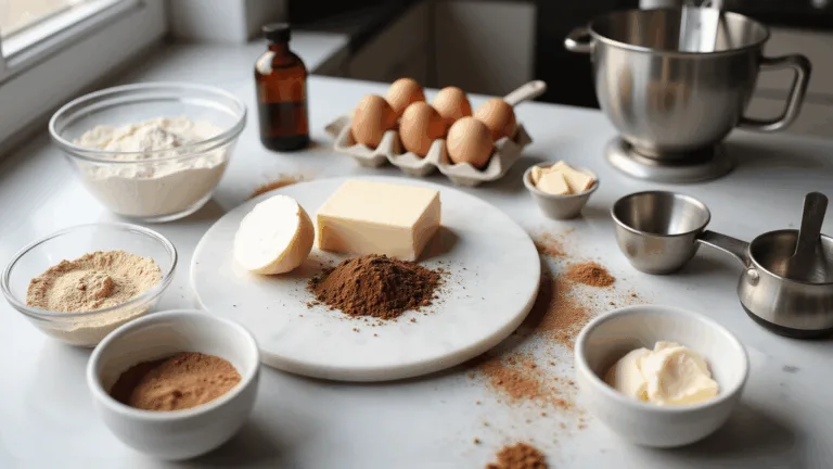 A sunlit kitchen counter features organized keto baking ingredients including almond flour, cocoa powder, and monk fruit sweetener in glass bowls, with softened cream cheese and butter on a marble board, surrounded by farm-fresh eggs, vanilla extract, measuring cups, and a stand mixer, all styled in a modern minimalist aesthetic.