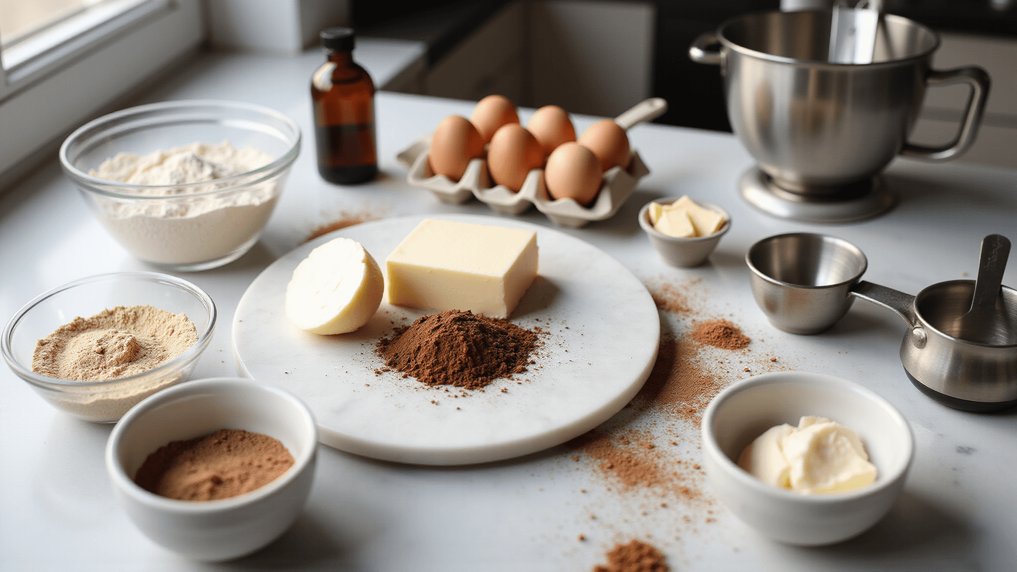 A sunlit kitchen counter features organized keto baking ingredients including almond flour, cocoa powder, and monk fruit sweetener in glass bowls, with softened cream cheese and butter on a marble board, surrounded by farm-fresh eggs, vanilla extract, measuring cups, and a stand mixer, all styled in a modern minimalist aesthetic.