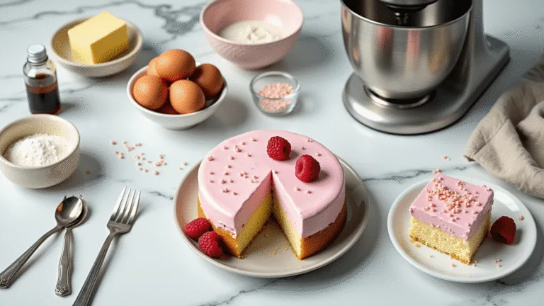 A high-angle shot of a pristine white marble countertop displaying ingredients for a mini bento box cake, including a block of room temperature butter, farm-fresh eggs, measured flour in a vintage ceramic bowl, and a pastel pink mixing bowl, all arranged with scattered utensils and tools in soft, natural morning light.