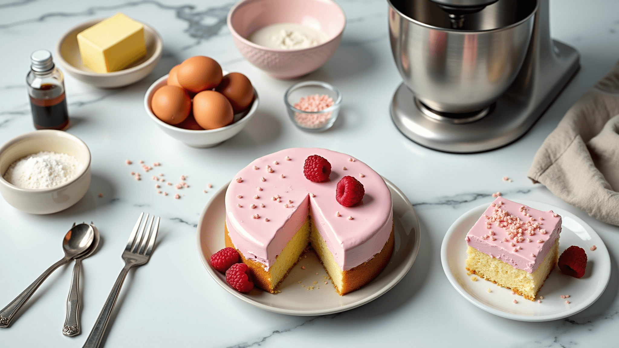 A high-angle shot of a pristine white marble countertop displaying ingredients for a mini bento box cake, including a block of room temperature butter, farm-fresh eggs, measured flour in a vintage ceramic bowl, and a pastel pink mixing bowl, all arranged with scattered utensils and tools in soft, natural morning light.