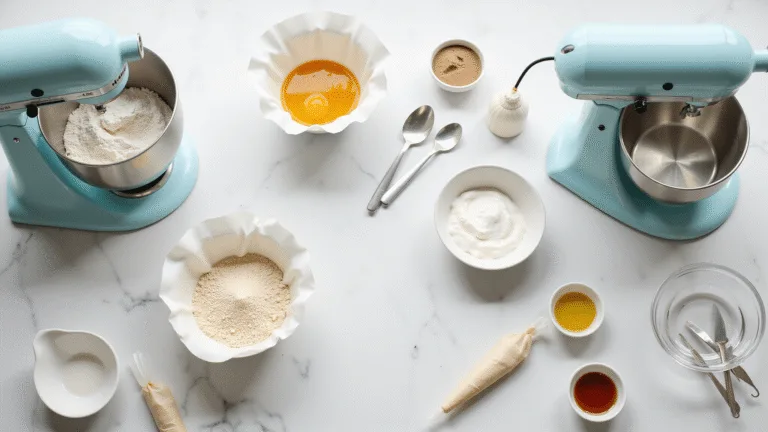 Overhead view of a minimalist kitchen workspace with a white marble countertop, featuring pastel blue stand mixer, neatly arranged baking ingredients, and tools, including round cake pans and measuring spoons, all illuminated by soft natural sunlight.