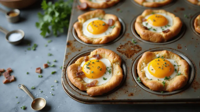 Overhead view of Korean egg bread muffins with golden yolks, crispy edges, and fresh herbs, steaming in a rustic tin on marble.