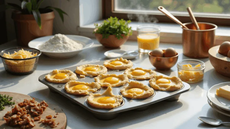 A bright modern kitchen countertop with a professional muffin tin filled with golden batter and cracked eggs, surrounded by ingredients like flour, farm-fresh eggs, measuring cups, a copper whisk, and garnishes, all beautifully illuminated by natural morning light.
