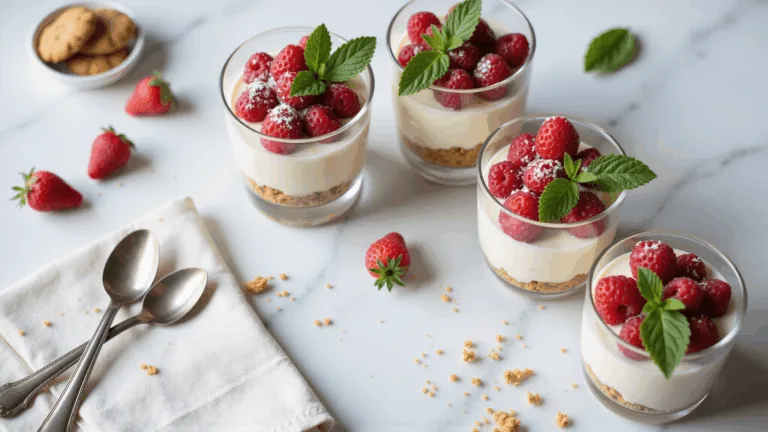 Elegant layered cheesecake dessert cups with fresh berries, arranged on a white marble surface, showcasing creamy filling and golden cookie crumbs, styled with scattered cookie crumbs and vintage silver spoons.