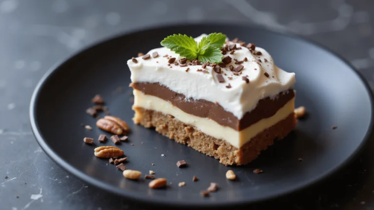 A professionally styled photograph of a layered dessert on a matte black plate with pecan crust, cream cheese, vanilla and chocolate pudding layers, topped with whipped cream, chocolate shavings, a mint leaf, and whole pecans.