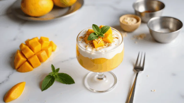 Layered mango dessert parfait in a clear glass, featuring yellow mango puree and white whipped cream, garnished with diced mango and mint, set on a marble counter with soft-focus mixing bowls and whole mangoes in the background.
