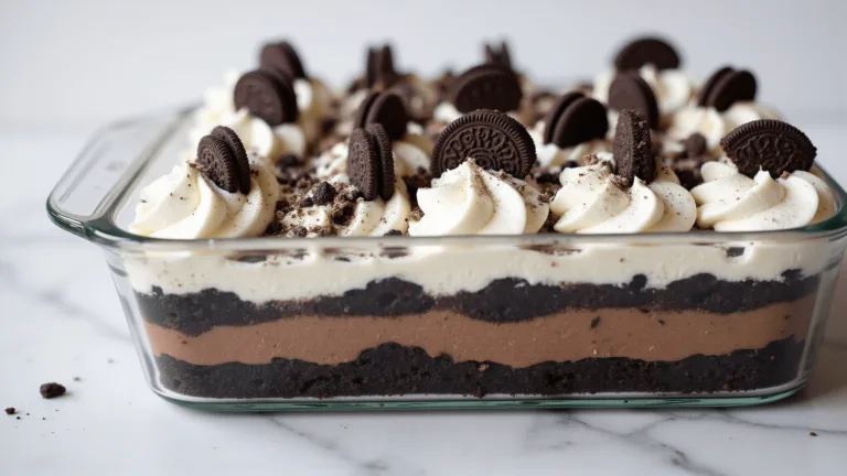 A professionally photographed no-bake Oreo dessert in a glass pan, showcasing distinct layers: Oreo crust, cream cheese, chocolate pudding, and whipped topping, garnished with crushed and whole Oreos, on a white marble background.