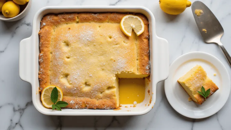 Overhead view of a freshly baked lemon dump cake in a ceramic dish, featuring a golden-brown crust and vibrant lemon filling. A removed corner piece on a white plate reveals the cake's layers. Steam rises, and the scene is lit by natural light, with minimalistic kitchen props in the background.