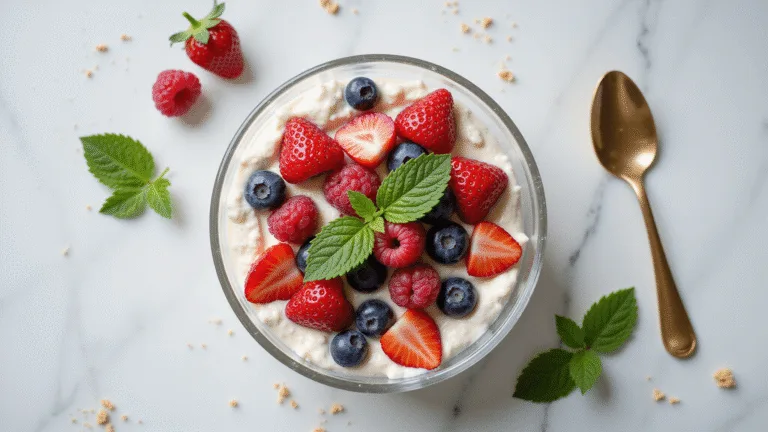 Photorealistic overhead shot of a crystal bowl filled with cheesecake fruit salad featuring fresh strawberries, blueberries, and raspberries, complemented by mint leaves and graham cracker crumbs on a white marble surface, illuminated by soft natural lighting.