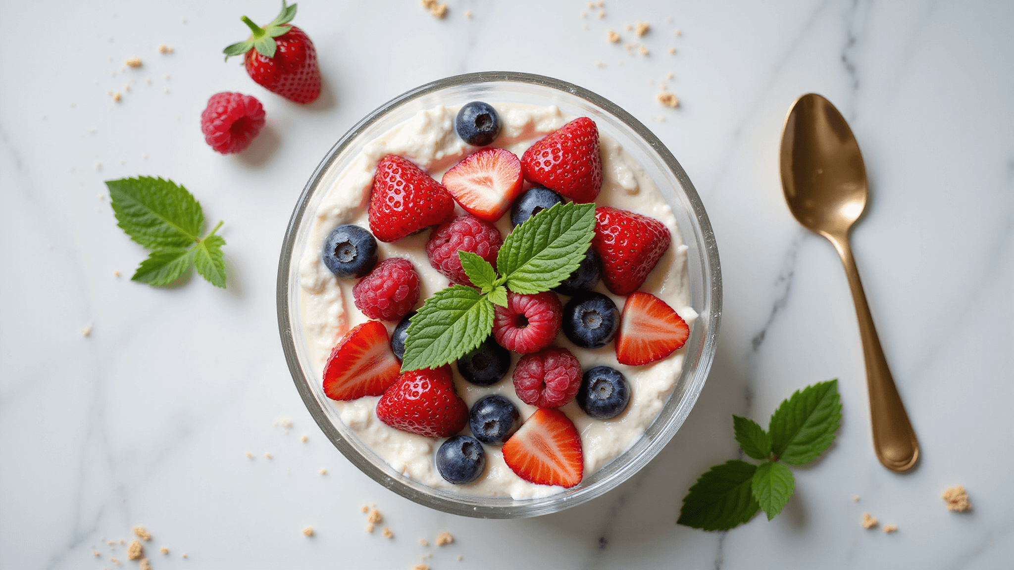 Photorealistic overhead shot of a crystal bowl filled with cheesecake fruit salad featuring fresh strawberries, blueberries, and raspberries, complemented by mint leaves and graham cracker crumbs on a white marble surface, illuminated by soft natural lighting.