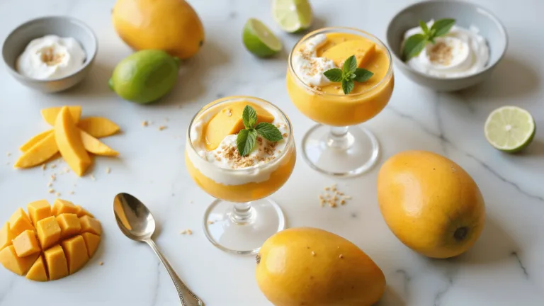 Overhead shot of a layered mango cream dessert in a crystal parfait glass on white marble, topped with mango slices, mint, and coconut flakes, surrounded by whole mangoes, whipped cream, lime wedges, and a vintage spoon.