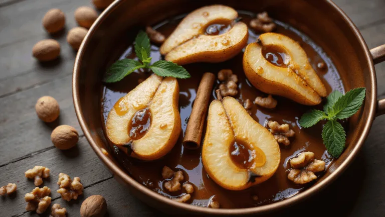 Cinematic overhead shot of halved Bosc pears in a vintage copper baking dish, glazed with maple syrup, featuring golden-brown caramelization and steam rising. Garnished with walnuts, cinnamon, and mint on a rustic wooden surface, the scene captures rich autumn colors and intricate pear texture with professional food photography style.
