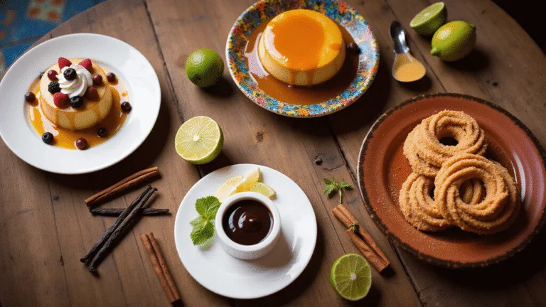 A cinematic overhead shot of four Mexican desserts on a rustic wooden table, including tres leches cake with berries, golden flan with caramel, spiral churros with chocolate sauce, and Carlota de Limón garnished with lime and mint, surrounded by traditional tiles and decorative elements like cinnamon sticks and Mexican vanilla beans.