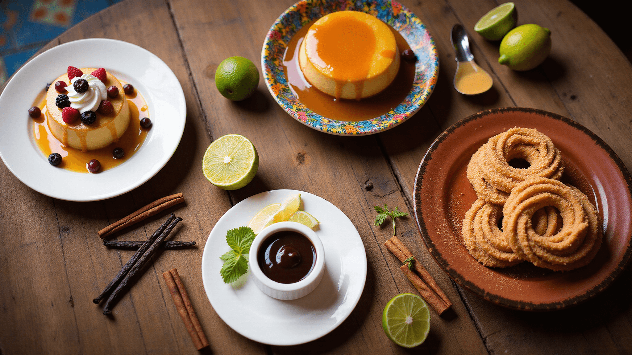 A cinematic overhead shot of four Mexican desserts on a rustic wooden table, including tres leches cake with berries, golden flan with caramel, spiral churros with chocolate sauce, and Carlota de Limón garnished with lime and mint, surrounded by traditional tiles and decorative elements like cinnamon sticks and Mexican vanilla beans.
