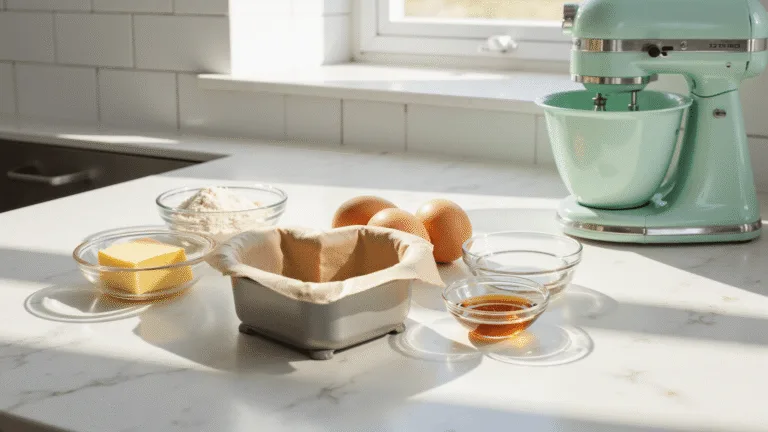 Photorealistic image of a modern kitchen counter featuring a heart-shaped 4-inch bento cake pan and ingredients like softened butter, sugar, eggs, flour, and vanilla extract in glass bowls, with a mint-colored hand mixer nearby. Sunlight filters through a window, highlighting a marble countertop with a matte finish in soft pastel colors.
