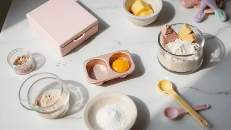 Cinematic overhead shot of a sunlit modern kitchen counter with a miniature bento cake prep scene, featuring pastel ingredients and tools arranged neatly on a white marble countertop.
