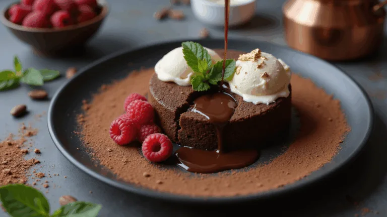 A cinematic overhead shot of a molten chocolate cake on a matte black plate, featuring a flowing chocolate center, fresh raspberries, a quenelle of vanilla bean ice cream, mint leaves, and a piece of gold leaf, with subtle steam and condensation, all set in a softly blurred background.
