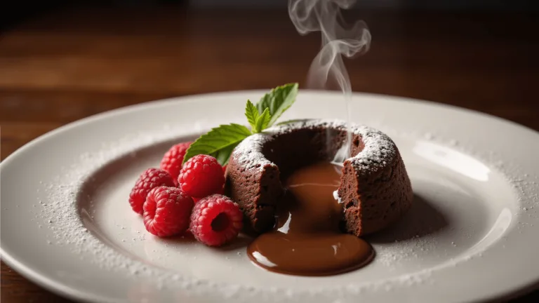 Close-up of a molten chocolate cake with glossy chocolate lava center, raspberries, powdered sugar, and a mint sprig on a white plate.