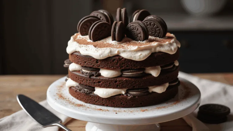 Photorealistic three-tiered chocolate Oreo cake on a matte white ceramic stand, featuring visible rich layers and creamy white Oreo buttercream, decorated with crushed Oreos and whole Oreos on top, set against a softly blurred warm-toned kitchen background.
