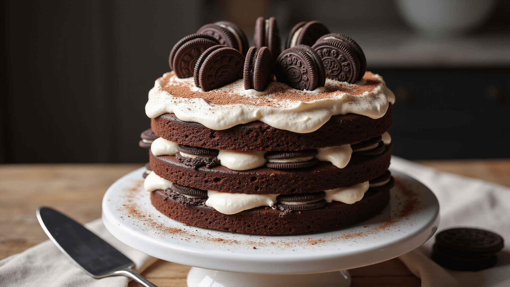 Photorealistic three-tiered chocolate Oreo cake on a matte white ceramic stand, featuring visible rich layers and creamy white Oreo buttercream, decorated with crushed Oreos and whole Oreos on top, set against a softly blurred warm-toned kitchen background.