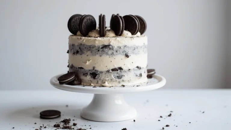 A beautifully crafted Oreo layer cake with buttercream frosting, topped with whole Oreo cookies and crushed Oreo accents, on an elegant white cake stand.