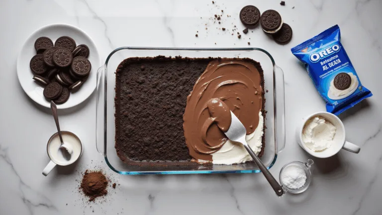 Cinematic overhead shot of a partially assembled no-bake Oreo dessert in a glass dish, showcasing layers of dark chocolate crust, cream cheese, and chocolate pudding, with scattered ingredients like whole Oreos and measuring cups on a marble surface.