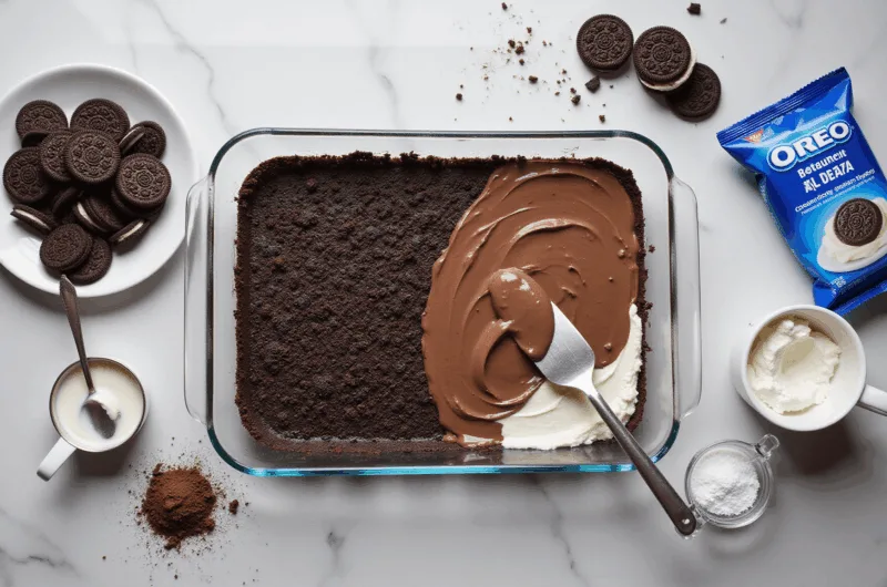 Cinematic overhead shot of a partially assembled no-bake Oreo dessert in a glass dish, showcasing layers of dark chocolate crust, cream cheese, and chocolate pudding, with scattered ingredients like whole Oreos and measuring cups on a marble surface.
