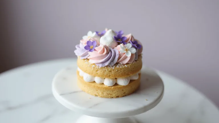 Miniature bento cake with pastel cream florals on white marble, featuring intricate piping and edible decorations in soft pink, lavender, and white hues.