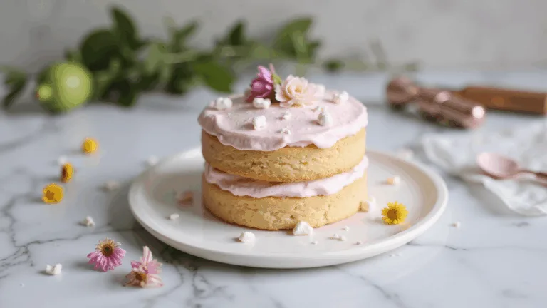 A beautifully styled 4-inch bento cake on a matte white plate, featuring pastel pink buttercream, white piped flowers, and pearl sugar accents, surrounded by fresh edible flowers and rose gold tools, set on a marble countertop with soft, diffused lighting.