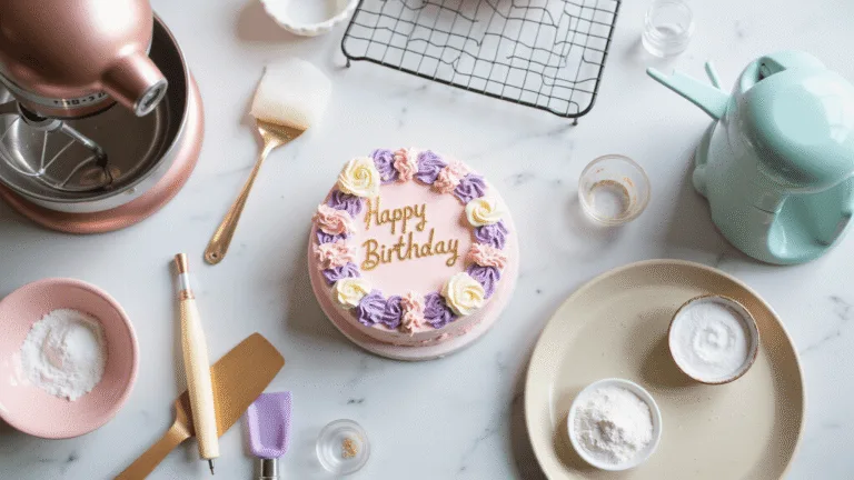 Overhead view of a pastel pink bento cake with buttercream rosettes, "Happy Birthday" message, and baking tools on a marble countertop, featuring soft natural lighting and a pastel color palette.