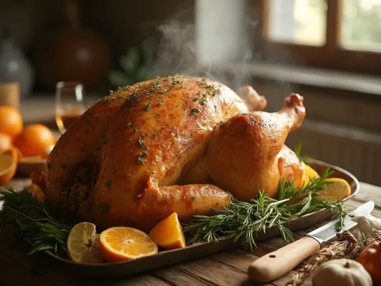 A perfectly roasted turkey with crisp, golden skin and herb butter on a wooden table, surrounded by fresh herbs, citrus, and roasted garlic; steam rises from carved juicy breast meat.