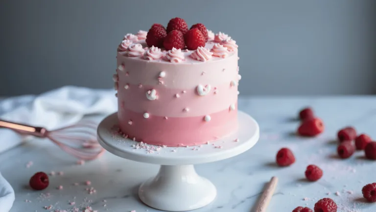 A petite 4-inch pink bento cake with pastel ombré buttercream, topped with fresh raspberries and white fondant hearts, sits on a modern white cake stand against a cool marble countertop, with a dreamy bokeh background.