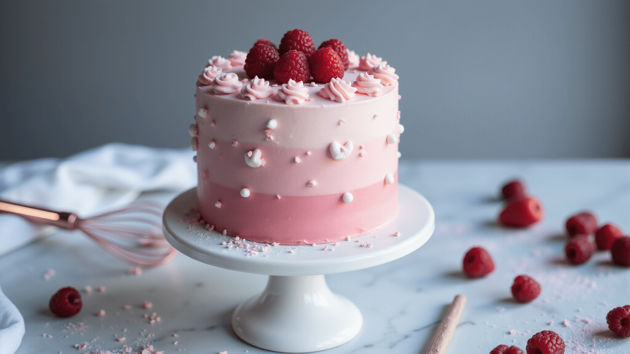 A petite 4-inch pink bento cake with pastel ombré buttercream, topped with fresh raspberries and white fondant hearts, sits on a modern white cake stand against a cool marble countertop, with a dreamy bokeh background.