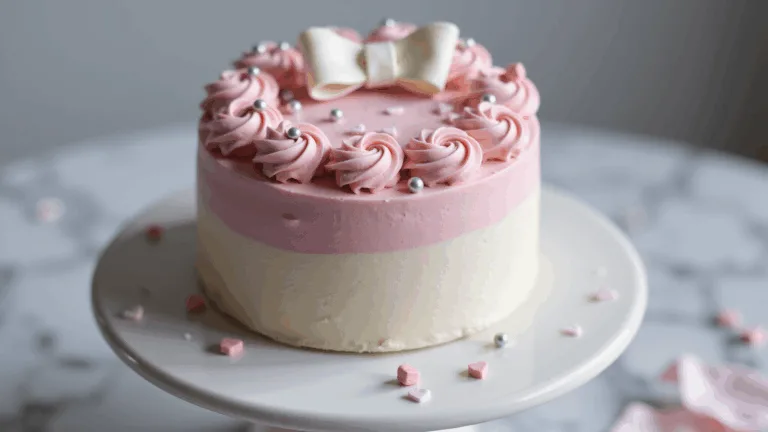 Cinematic close-up of a petite 4-inch pink bento cake on a white ceramic stand, featuring delicate buttercream rosettes, metallic silver pearls, and a fondant bow, with a smooth ombre finish and a blurred marble countertop background.
