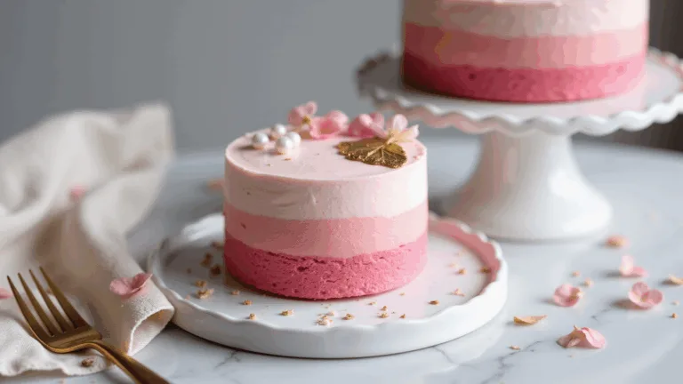 Photorealistic close-up of a petite pink ombre bento cake with gold accents, displayed on a vintage white ceramic cake stand atop a marble surface, adorned with white sugar pearls and fresh baby's breath, surrounded by flower petals and a gold fork, captured with soft bokeh and natural lighting.